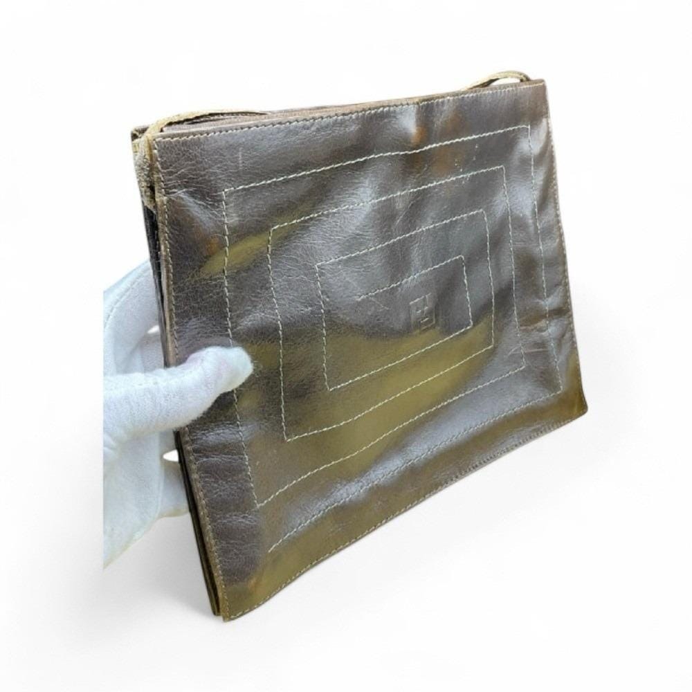 Fendi Vintage Brown Leather Crossbody Bag FF Logo Concentric Stitching Purse - Picture 3 of 7